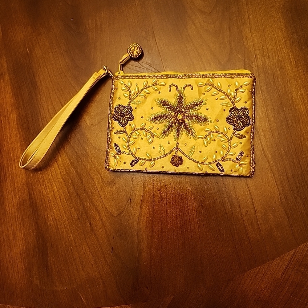 Embroidered Yellow Wristlet Clutch